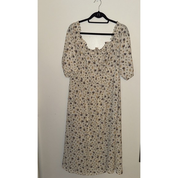 H&M Womens Casual Dress Sz XL White Floral Print Off Shoulder 1/3Balloon Sleeve - Picture 3 of 11